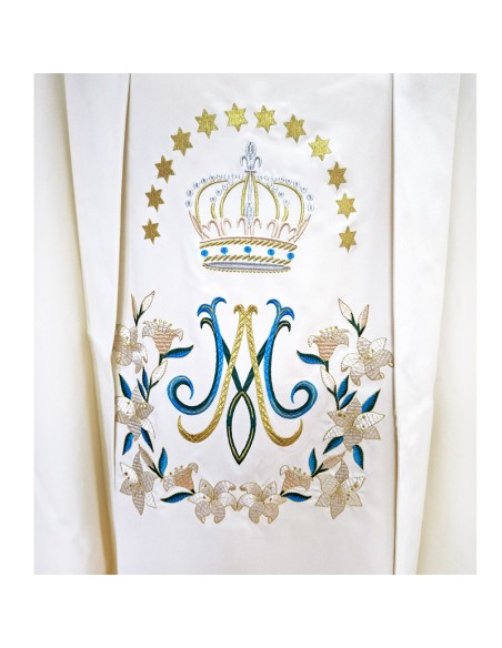 Casulla Bordada Mariana Corona Con Estrellas Y Flores Debajo
