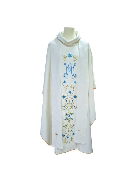 Casulla Bordada Mariana Flores Azules Y Dorado Sobre Galon Central