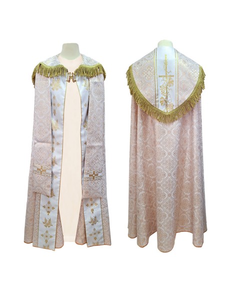 Capa Pluvial Estampada Morada Tipo Damasco Espigas Y Cruz Rosas Bordadas Detras N441 Con Estola