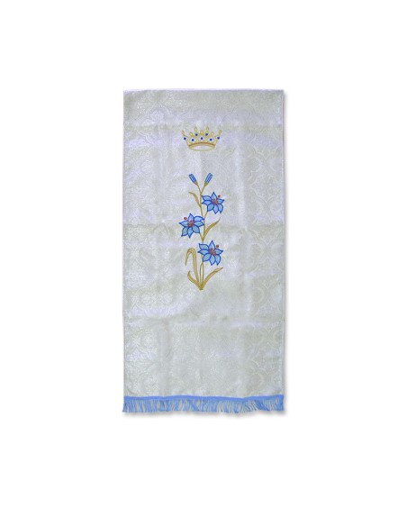 Cubre Ambon Bordado Mariano Tres Flores De Lis Y Corona Arriba Fondo Plateado