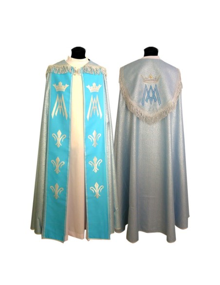 Capa Pluvial Estampada Mariana Azul Tipo Damasco Con Signo Maria Y Corona Bordada Detras Con Estola