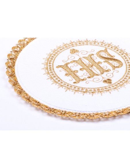 Juego De Altar Lino Palia Redonda Jhs Bordado Cenefa Dorada 18-5006