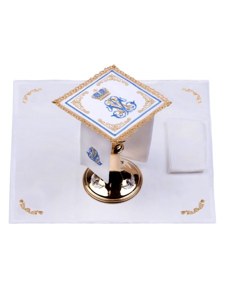 Juego De Altar Lino M Azul Con Corona Bordada Cenefa Dorada 18-5017