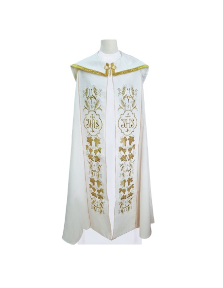 Capa Pluvial Bordada Jhs Con Cruz Larga En Roseton Espigas Y Uvas