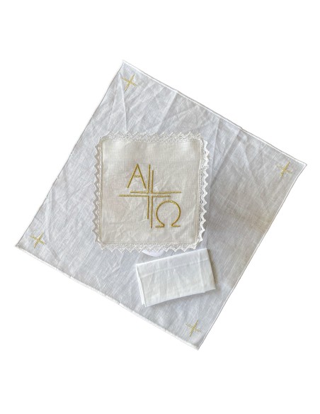 Juego De Altar Lino Bordado Alfa y Omega SDM16