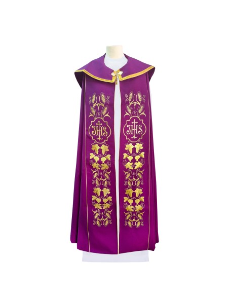 Capa Pluvial Bordada Jhs Con Cruz Larga En Roseton Espigas Y Uvas Morada
