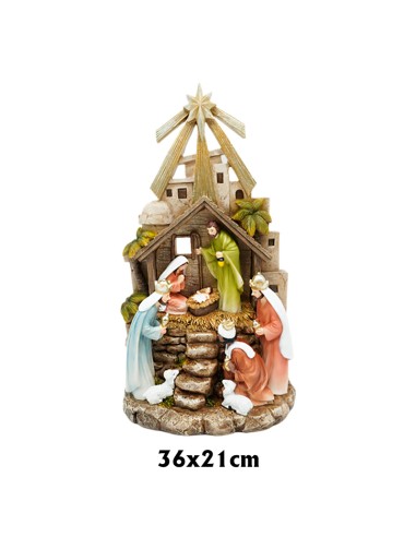 Nacimiento en bloque 36x21cm Sagrada Familia pesebre escaleras con estrella y Reyes Magos