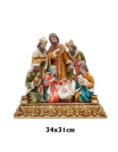 Nacimiento en bloque 31x34cm Sagrada Familia con Reyes Magos y 1 pastor base alta