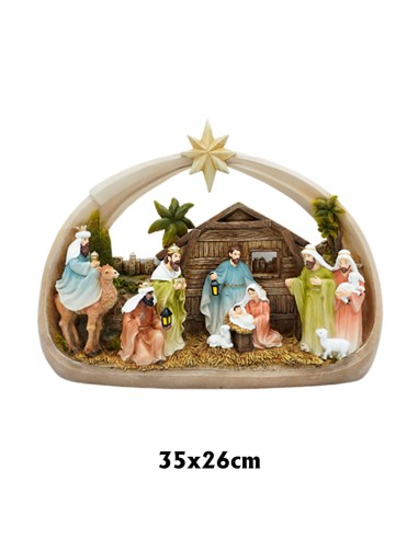 Nacimiento en bloque 26x35cm Sagrada Familia en pesebre oval con Estrella y Reyes Magos