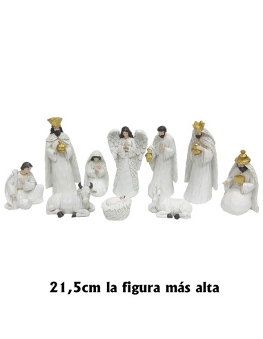 Nacimiento res 21.5cm 10 figuras color blanco con adornos dorados