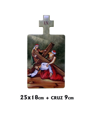 Via Crucis Madera Estampada 15 Estaciones 25x18cm Con Cruz De 9cm Superior