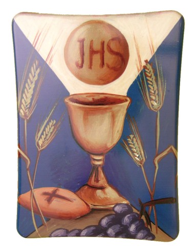 Icono Madera Estampada Tipo Pergamino Primera Comunion 18x13cm Fondo Azul