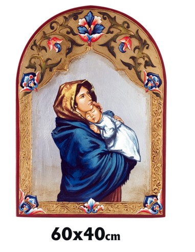 Icono Madera Pintado A Mano Cupula Decoracion Floral Virgen Gitana 60x40cm