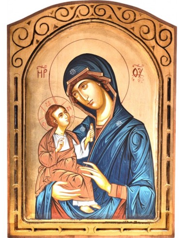 Icono Madera Pintado A Mano Forma Cupula 44x32cm Virgen Con Niño Manto Azul Borde Tallado