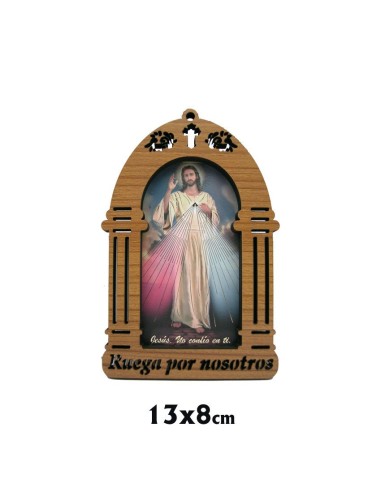 Capilla 13x8. 5cm Jesús Misericordioso Brillo Oro Y Marco Grabado Ruega Por Nosotros