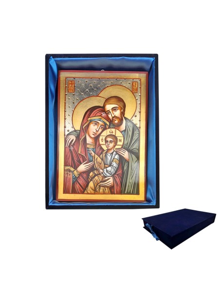 Icono Madera Pintado A Mano Sagrada Familia 32x22cm Niño Sentado Fondo Gris Grabado Estrellas