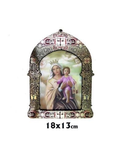 Capilla 13. 5x18cm Virgen Del Carmen Brillo Oro Marco Decorado Estilo Bizantino