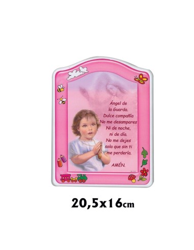 Tabla Madera Oracion Angel De La Guarda 20.5x16 Borde Blanco Fondo Rosa