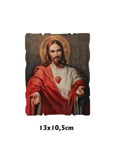 Tabla Madera 13.5x10.5cm Corazon de Jesús Brazos Abiertos Fondo Verde
