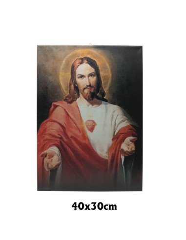 Cuadro Tela Estampada 40x30cm Corazon de Jesús Brazos Abierto Fondo Verde