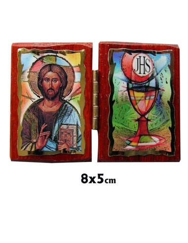 Icono Diptico Libro 5x8cm Comunion Cristo Aureola Colores Y Caliz Foto Oro Abierto