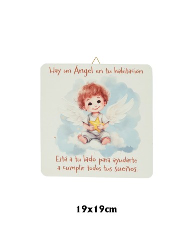 Cuadro infantil Angelito con estrella 19x19cm blanco acabado relieve y caja