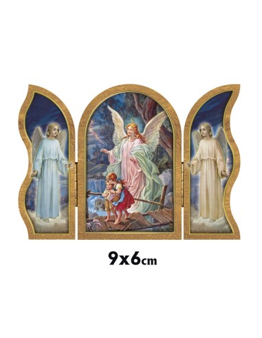 Icono Triptico Madera Angel Guarda 9x6cm Adornos Oro Brillo Y Puertas Con Altar