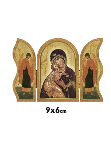 Icono Triptico Madera Virgen Ternura Clasica 9x6cm Oro Brillo Estilo Bizantino