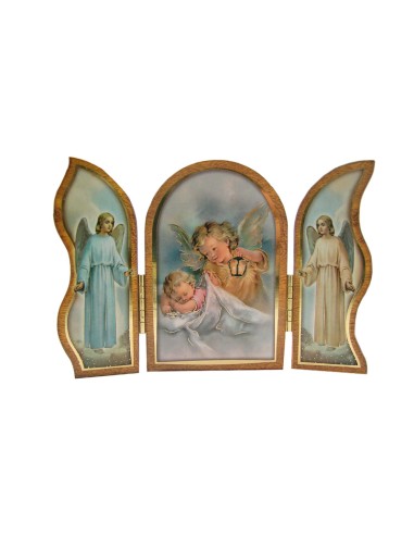 Icono Triptico Madera Angel Con Lampara 9x6cm Adornos Oro Brillo Y Puertas Con Altar