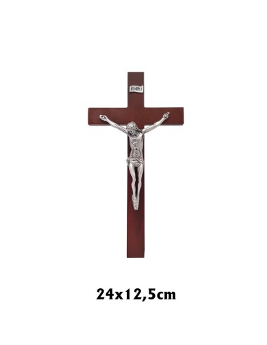 Crucifijo Madera Oscura Con Cristo Plata E Inri 24 X 12. 5 CM