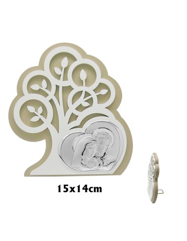 Icono Madera Y Plata 15x13 Arbol De La Vida Y Sagrada Familia