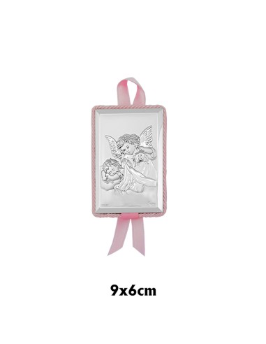 Medalla Cuna Plata Angel Custodio 6 X 9cm Lazo Rosa