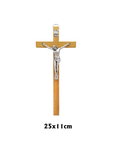 Crucifijo Madera Clara Con Cristo Plata E Inri 25 X 11 CM