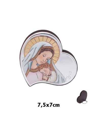 Icono Plata Laminada Corazon Virgen con Niño 7.5x7 Con Base