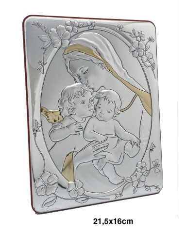 Icono Aluminio 21. 5x16cm Virgen Con Niño Y Angel Bicolor Marco Con Flores Fin