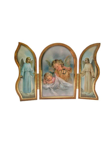 Icono Triptico Madera Angel Con Lampara 9x6cm Adornos Oro Brillo Y Puertas Con Altar