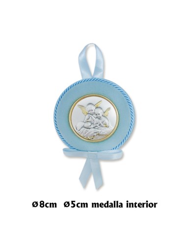 Medalla Cuna Placa Plata Nizzzzzo Y Angeles Musicos Sobre Tejido Y Cordon Azul 8cm
