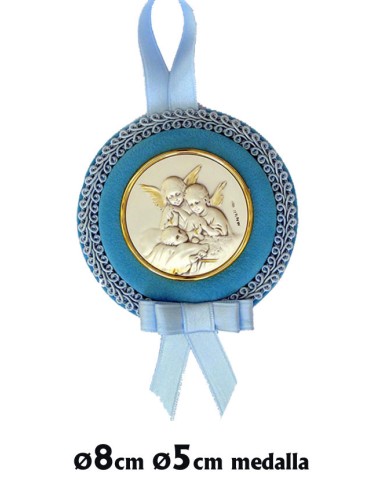 Medalla Cuna Placa Plata Nizzzzzo Dos Angeles Tejido Azul Con Cordon Azul 8cm