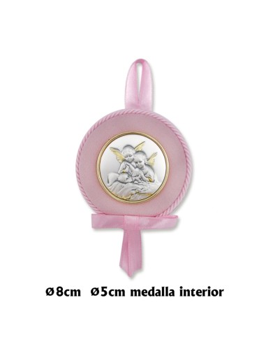 Medalla Cuna Placa Plata Nizzzzzo Dos Angeles Tejido Rosa Con Cordon Rosa 8cm