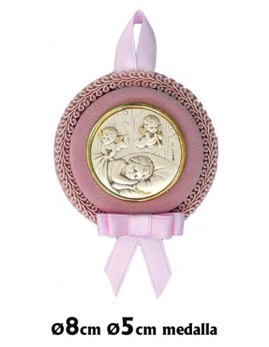 Medalla Cuna Placa Plata Nizzzzzo Y Angeles Musicos Sobre Tejido Y Cordon Rosa 8cm