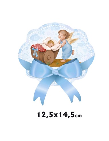 Medalla Cuna Metacrilato 14. 5x12. 5cm Angelito Llevando Carrito Celeste