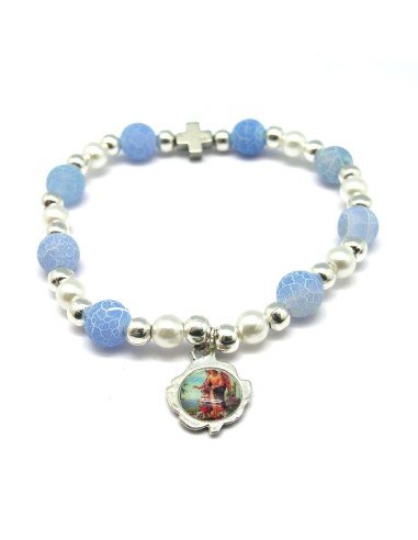 Pulsera Elastica Ematite Y Azul 8mm Con Medalla Y Cruz