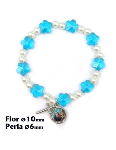 Brazalete Elastico Cristal Flores Celestes 10mm Y Perlas Blancas