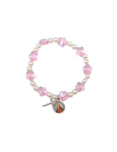 Brazalete Elastico Cristal Flores Rosas 10mm Y Perlas Blancas