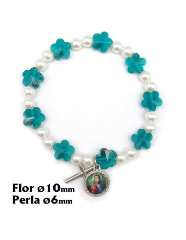 Brazalete Elastico Cristal Flores Verde Marino 10mm Y Perlas Blancas