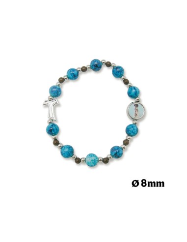 Pulsera Brazalete Elastica 8mm Cristal Azul Y Blanco Con Tau Y Bolitas Madera