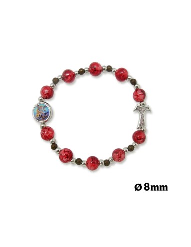 Pulsera Brazalete Elastica 8mm Cristal Rojo Y Blanco Con Tau Y Bolitas Madera