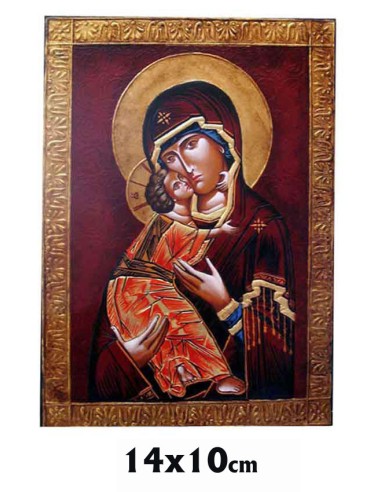 Icono Madera Pintado A Mano Borde Trabajado Virgen Vladimir 10x14cm