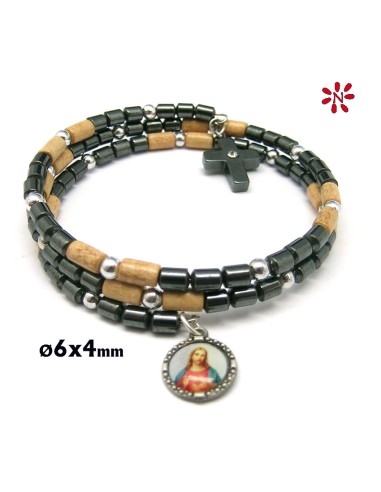 Pulsera Espiral Ematite Cilindro Y Madera 6x4mm Con Cruz Ematite