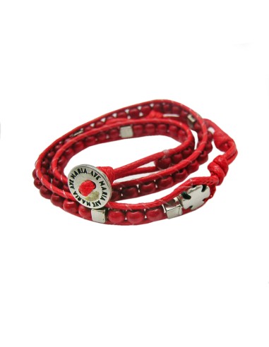 Pulsera Rosario Madera Roja Bola Cubo 5mm Doble Vuelta Bot?n Ave Maria Y Cruz